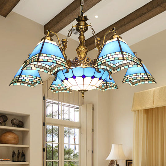 Blue Stained Glass Pyramid Pendant Chandelier - 9-Light Mediterranean Hanging Fixture