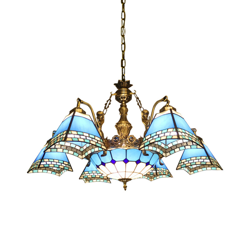 Blue Stained Glass Pyramid Pendant Chandelier - 9-Light Mediterranean Hanging Fixture