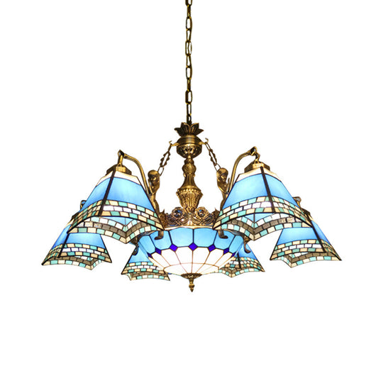 Blue Stained Glass Pyramid Pendant Chandelier - 9-Light Mediterranean Hanging Fixture