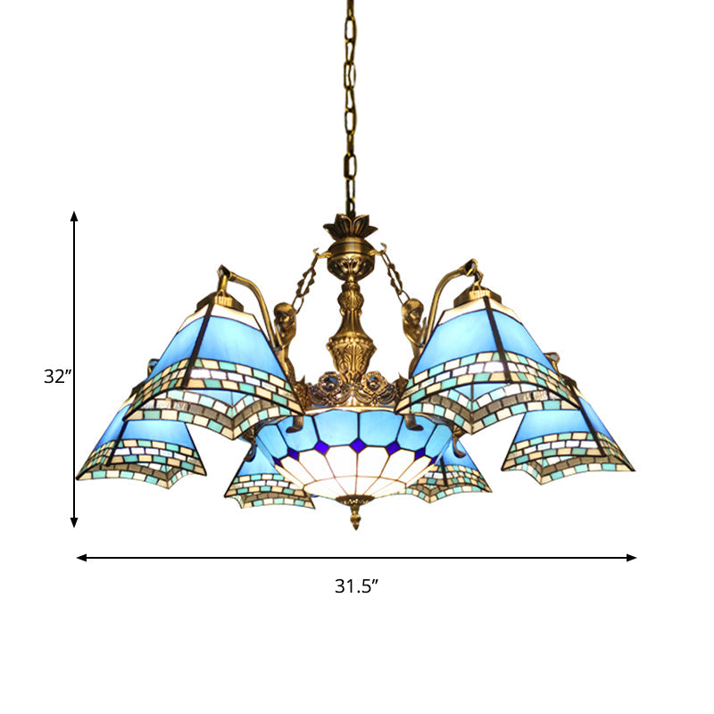 Blue Stained Glass Pyramid Pendant Chandelier - 9-Light Mediterranean Hanging Fixture