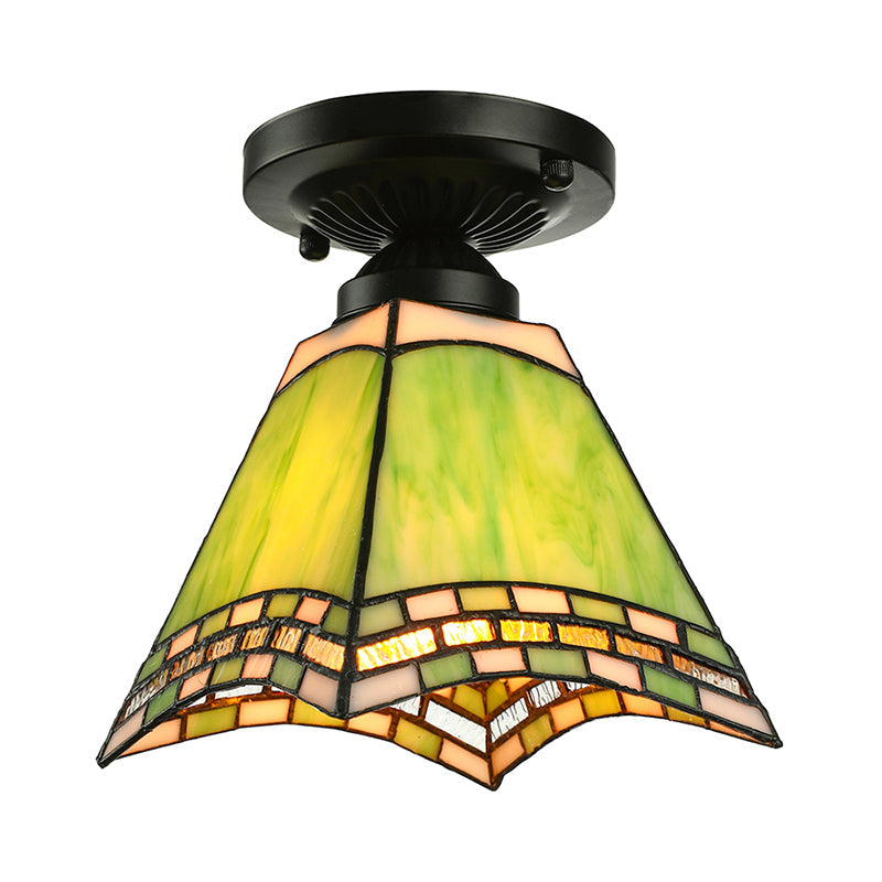 Tiffany-Style Art Glass Ceiling Light - 1 Light Green Flush Mount Fixture for Offices and Corridors