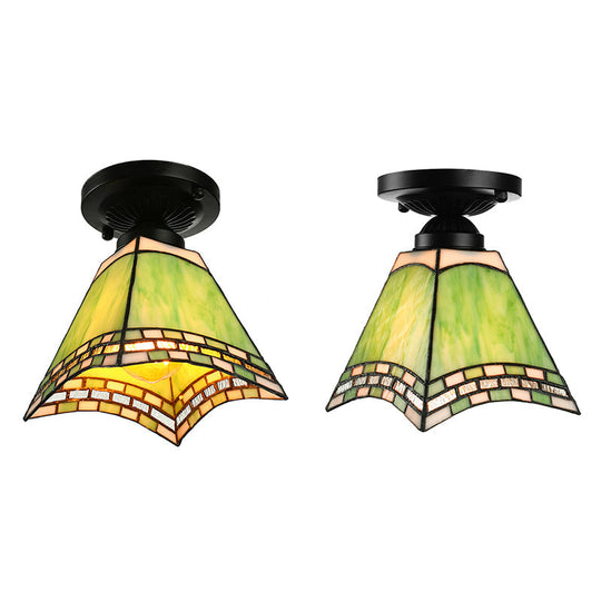 Tiffany-Style Art Glass Ceiling Light - 1 Light Green Flush Mount Fixture for Offices and Corridors