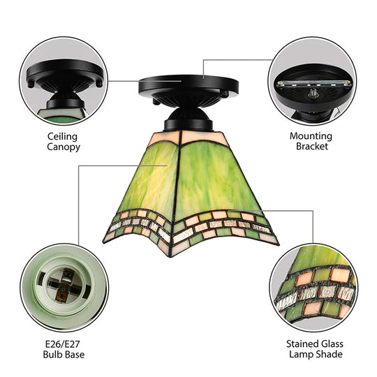 Tiffany-Style Art Glass Ceiling Light - 1 Light Green Flush Mount Fixture for Offices and Corridors