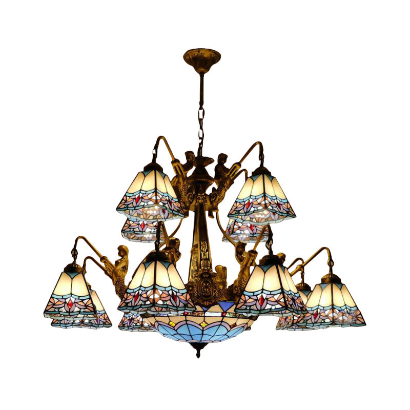 Blue Stained Glass Chandelier - Tiffany Style with 15 Lights and Baroque/Magnolia Pattern