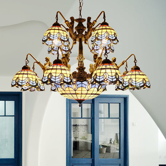 Blue Stained Glass Chandelier - Tiffany Style with 15 Lights and Baroque/Magnolia Pattern