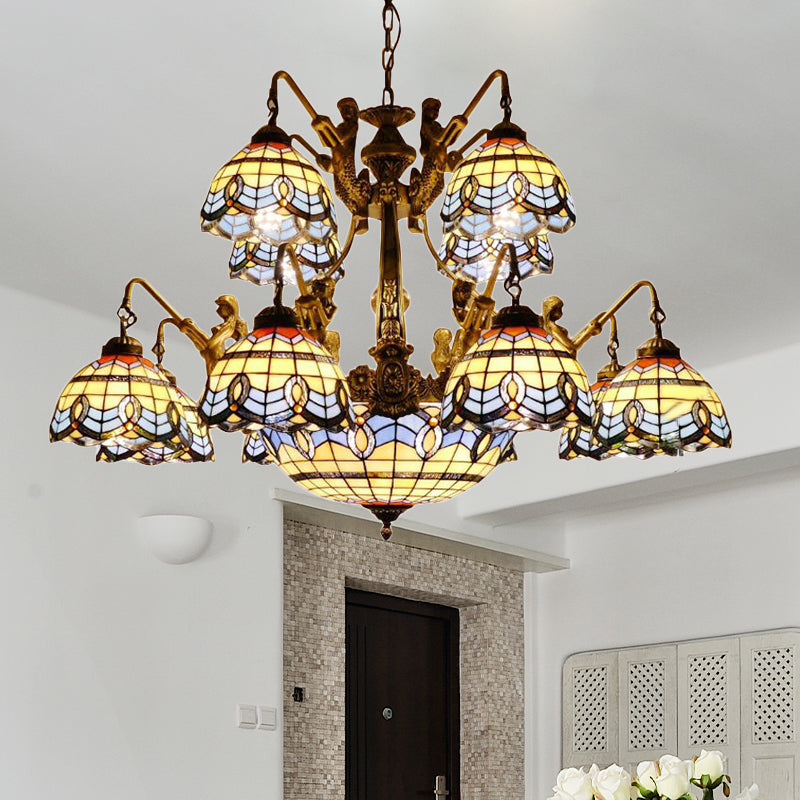 Blue Stained Glass Chandelier - Tiffany Style with 15 Lights and Baroque/Magnolia Pattern