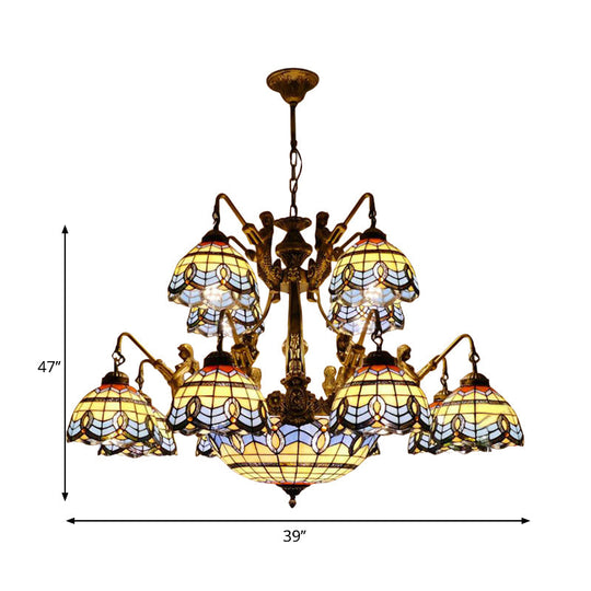 Blue Stained Glass Chandelier - Tiffany Style with 15 Lights and Baroque/Magnolia Pattern