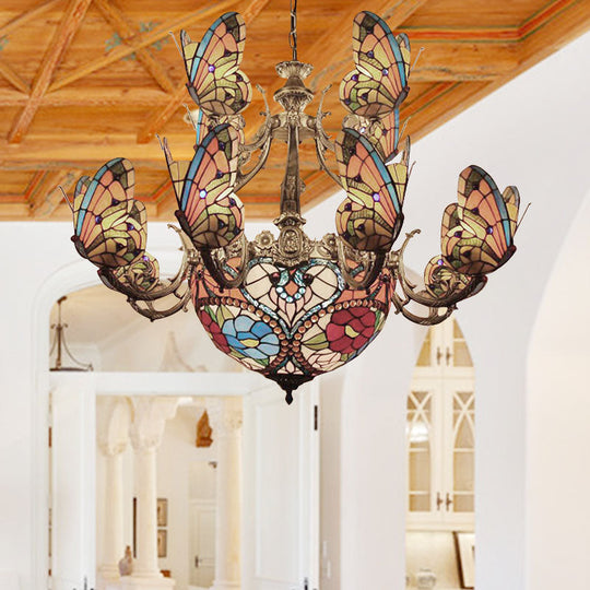 Exquisite Tiffany Multi-Colored Chandelier With Butterfly Glass Pendant For Living Room Décor