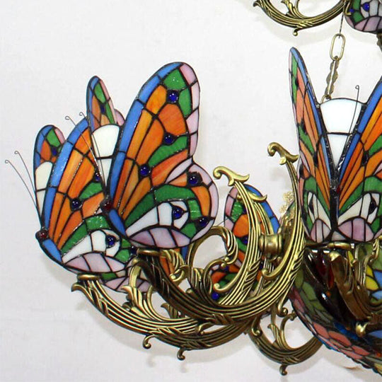 Multi-Colored Tiffany Butterfly Chandelier for Living Room