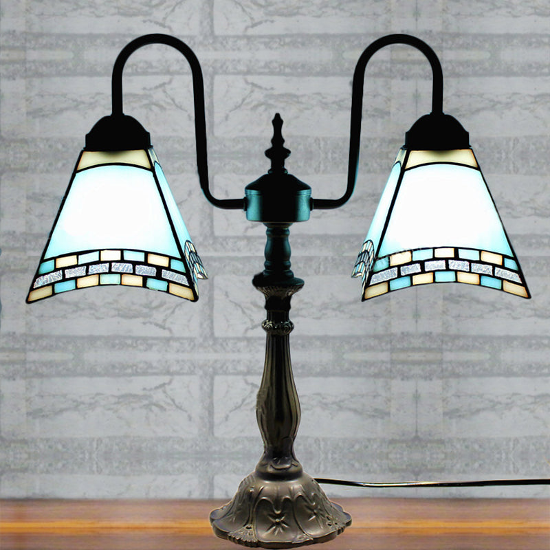 Antique Tiffany Desk Lamp In Blue/White - Office Craftsman Shade Reading Light Art Glass 2 Lights