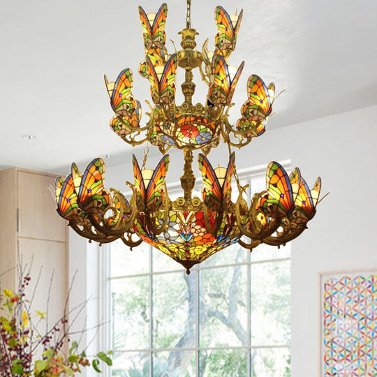 Exquisite Butterfly Chandelier with Tiffany Glass Pendant for Living Room