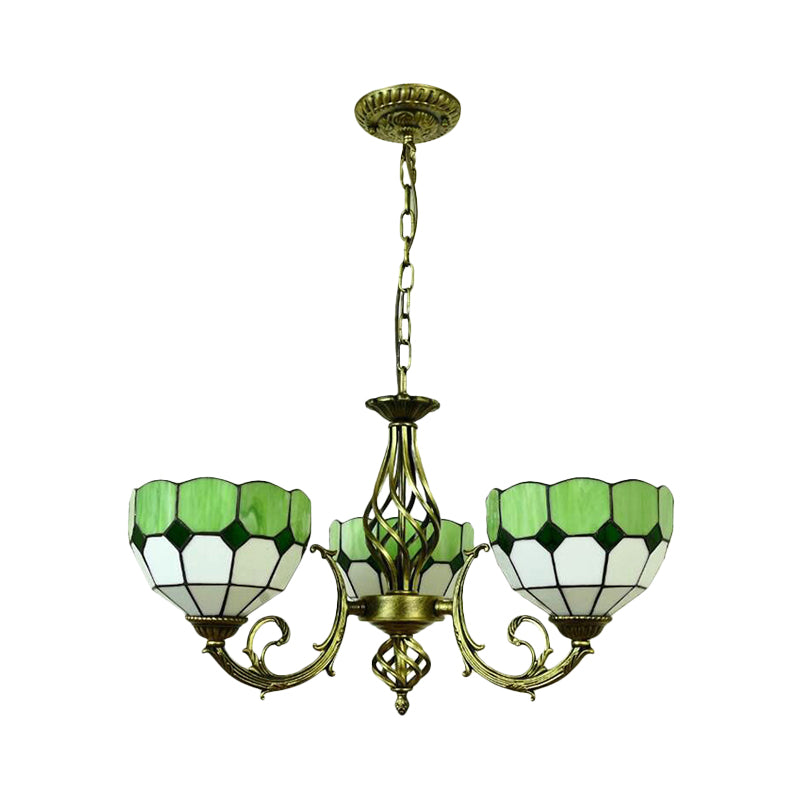 Multi-Colored Glass Lattice Pendant Lamp - Tiffany Classic Chandelier With 3 Bulbs For Dining Room