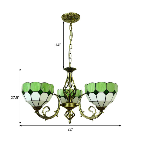 Tiffany Glass Lattice Bowl Pendant Lamp: Vibrant Yellow & Green Shades, Perfect for Dining Room - 3 Bulbs Included