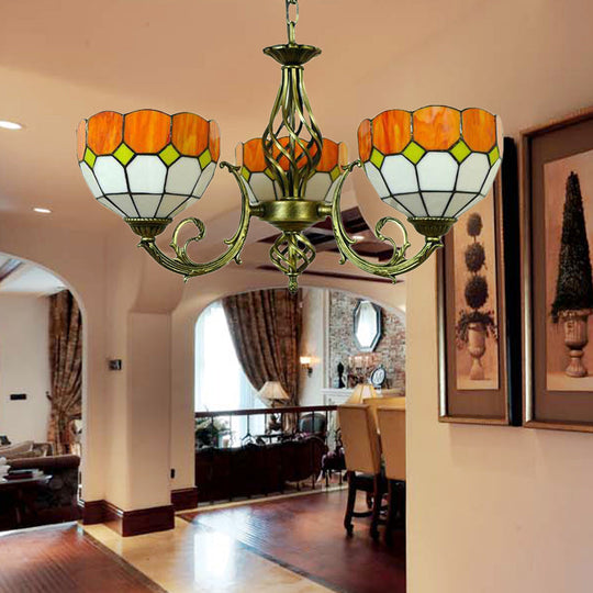 Tiffany Glass Lattice Bowl Pendant Lamp: Vibrant Yellow & Green Shades, Perfect for Dining Room - 3 Bulbs Included