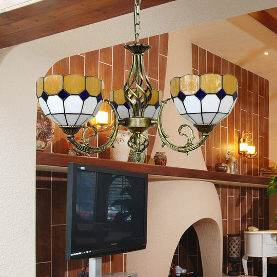 Multi-Colored Glass Lattice Pendant Lamp - Tiffany Classic Chandelier With 3 Bulbs For Dining Room