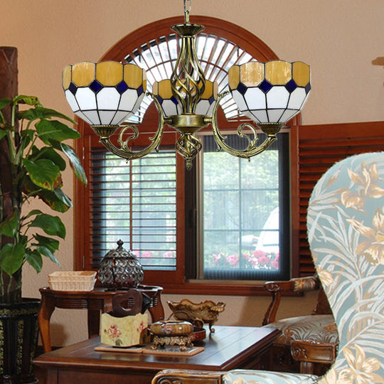 Tiffany Glass Lattice Bowl Pendant Lamp: Vibrant Yellow & Green Shades, Perfect for Dining Room - 3 Bulbs Included