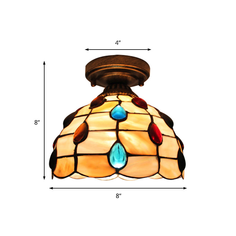 Tiffany Class Beige/Yellow Ceiling Light with Jewelry Shell – Restaurant Lattice Bowl Flush Fixture