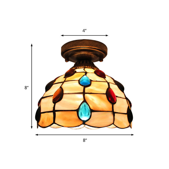 Tiffany Class Beige/Yellow Ceiling Light With Jewelry Shell Restaurant Lattice Bowl Flush Fixture