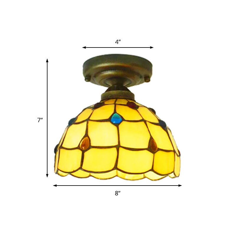 Tiffany Class Beige/Yellow Ceiling Light With Jewelry Shell Restaurant Lattice Bowl Flush Fixture