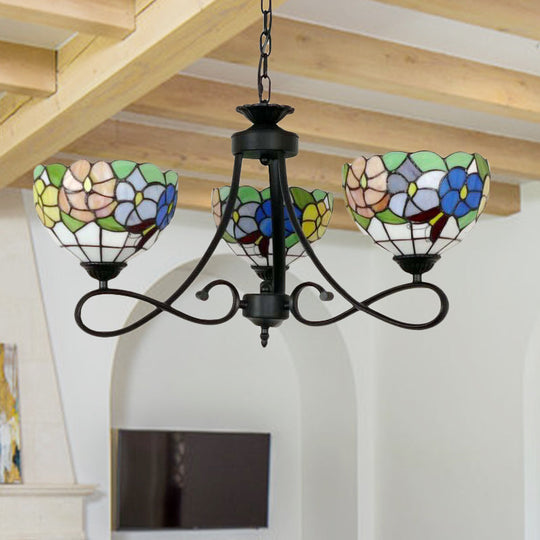 Tiffany Rustic Stained Glass Chandelier with Petal 3 Heads and Floral Pattern for Study Room