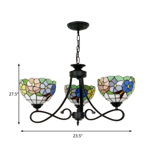 Tiffany Rustic Stained Glass Chandelier with Petal 3 Heads and Floral Pattern for Study Room