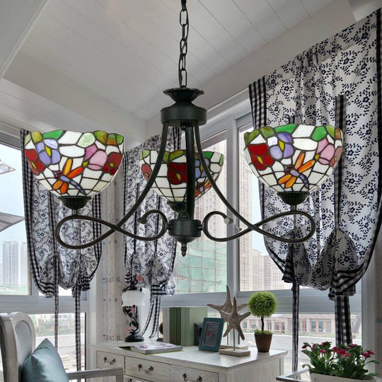 Tiffany Rustic Stained Glass Chandelier with Petal 3 Heads and Floral Pattern for Study Room