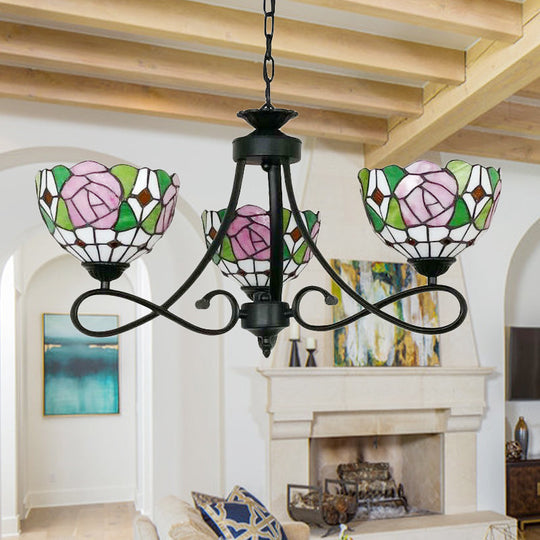 Tiffany Rustic Stained Glass Chandelier with Petal 3 Heads and Floral Pattern for Study Room