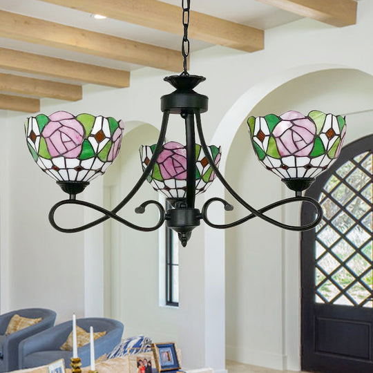 Tiffany Rustic Stained Glass Chandelier with Petal 3 Heads and Floral Pattern for Study Room