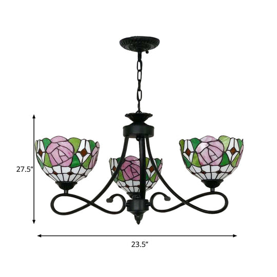 Tiffany Rustic Stained Glass Chandelier with Petal 3 Heads and Floral Pattern for Study Room