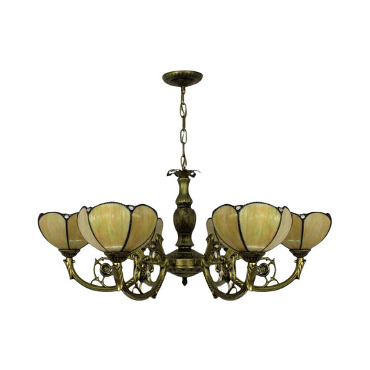 Traditional Tiffany Dome Hanging Light Chandelier In Yellow - 6/3 Bulbs For Bedroom