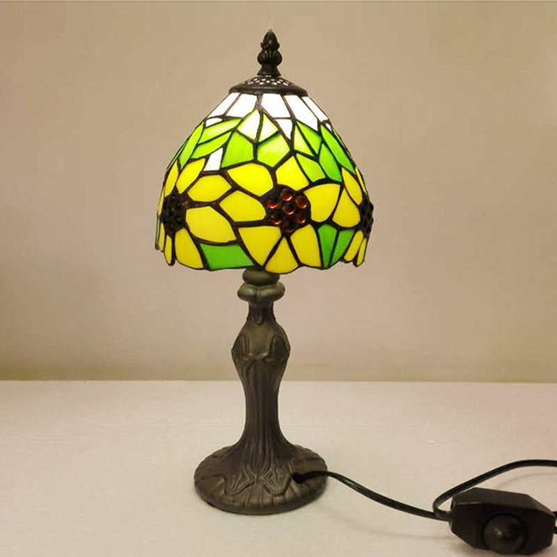 Sunflower Stained Glass Desk Light - Tiffany Rustic Study Lamp For Childs Bedroom Yellow Green