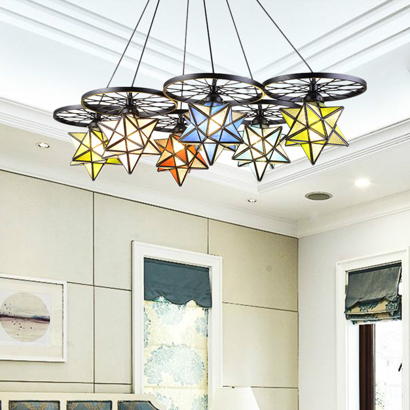 Stunning 10-Light Star Living Room Hanging Light: Tiffany Chandelier with Wheel Stained Glass in Black Finish