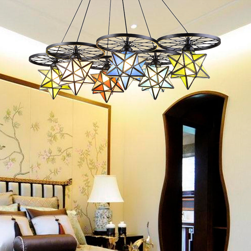 Stunning 10-Light Star Living Room Hanging Light: Tiffany Chandelier with Wheel Stained Glass in Black Finish