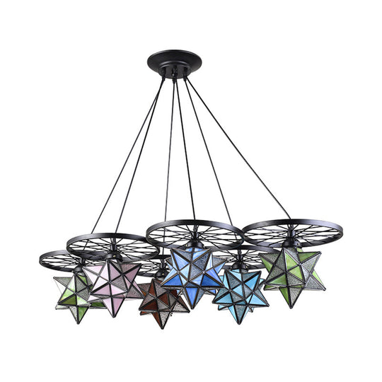 Stunning 10-Light Star Living Room Hanging Light: Tiffany Chandelier with Wheel Stained Glass in Black Finish