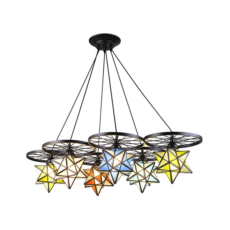 Stunning 10-Light Star Living Room Hanging Light: Tiffany Chandelier with Wheel Stained Glass in Black Finish