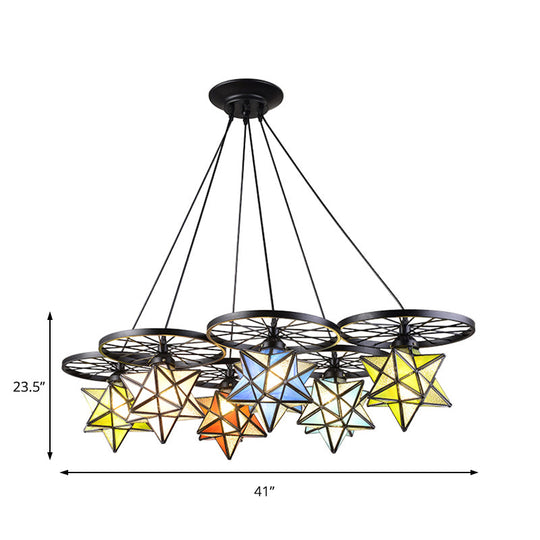 Stunning 10-Light Star Living Room Hanging Light: Tiffany Chandelier with Wheel Stained Glass in Black Finish