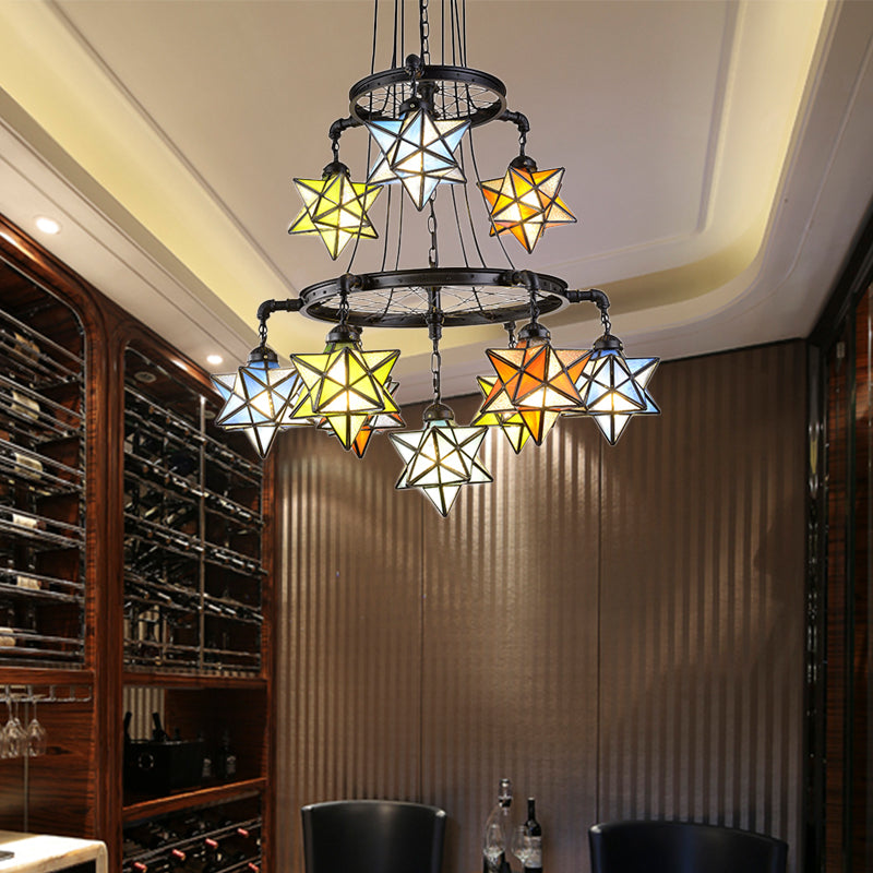 Stunning 10-Light Star Living Room Hanging Light: Tiffany Chandelier with Wheel Stained Glass in Black Finish