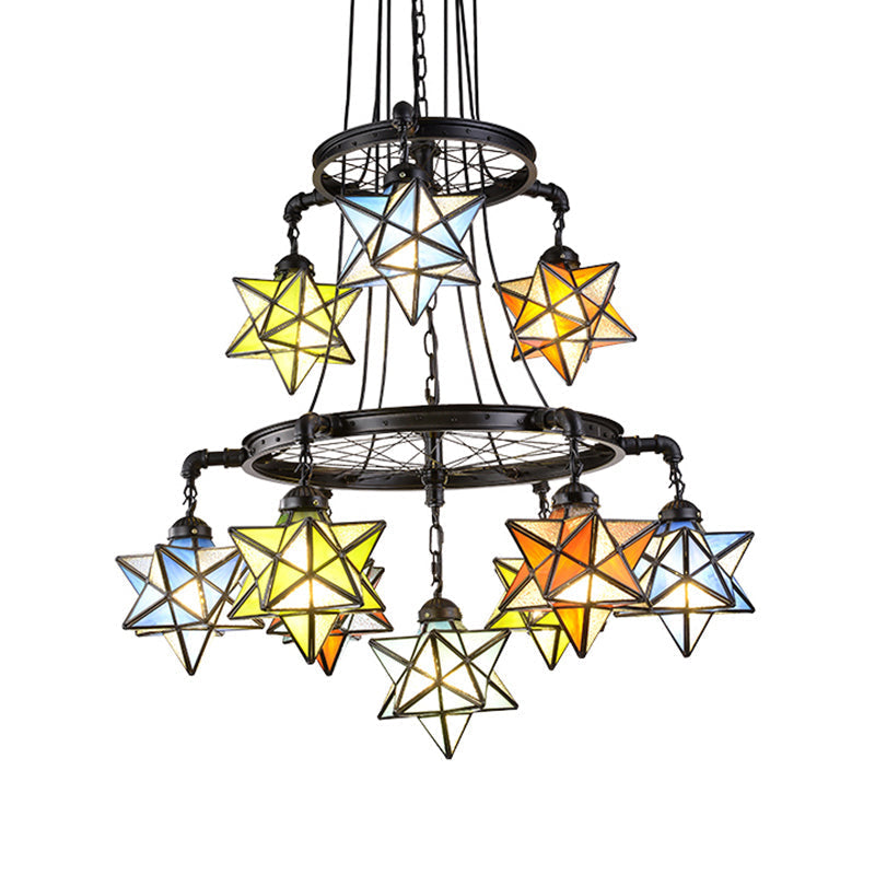 Stunning 10-Light Star Living Room Hanging Light: Tiffany Chandelier with Wheel Stained Glass in Black Finish