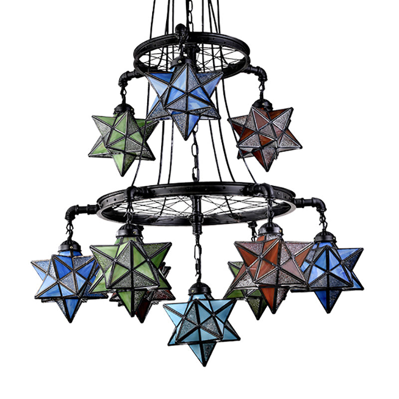 Stunning 10-Light Star Living Room Hanging Light: Tiffany Chandelier with Wheel Stained Glass in Black Finish