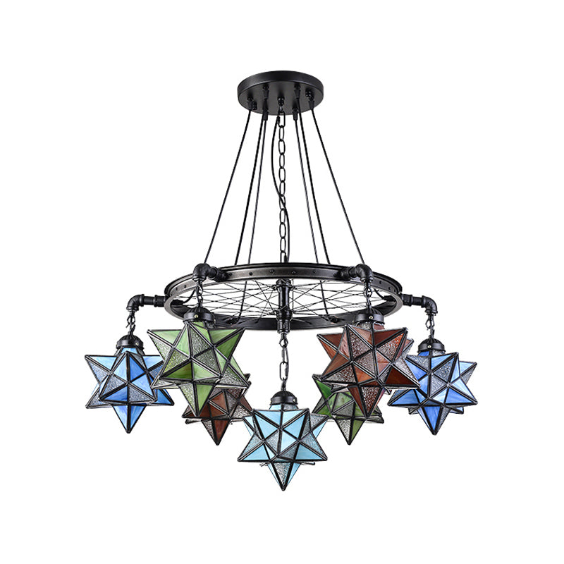 Stunning 10-Light Star Living Room Hanging Light: Tiffany Chandelier with Wheel Stained Glass in Black Finish