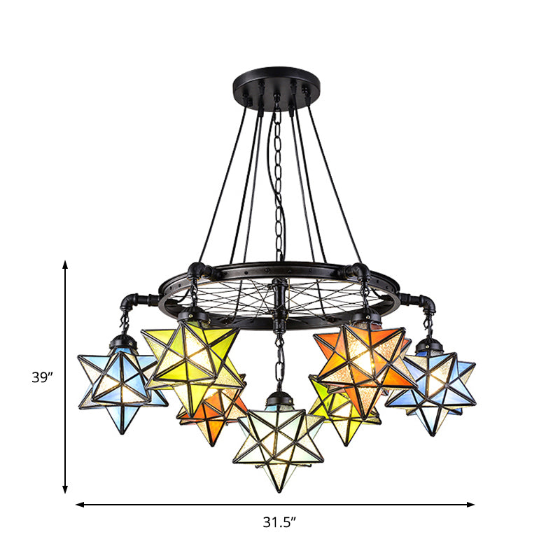 Stunning 10-Light Star Living Room Hanging Light: Tiffany Chandelier with Wheel Stained Glass in Black Finish