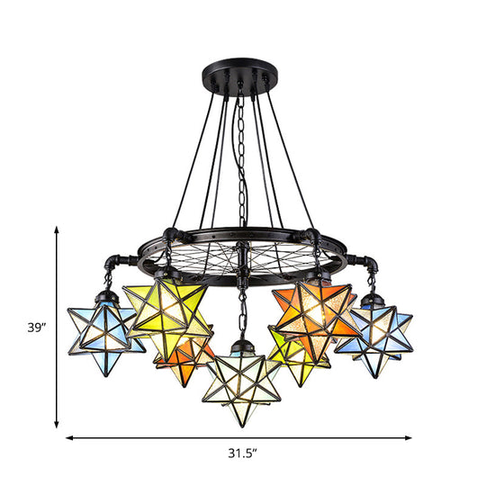 Stunning 10-Light Star Living Room Hanging Light: Tiffany Chandelier with Wheel Stained Glass in Black Finish