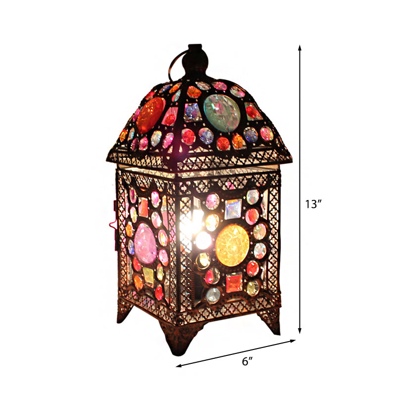 Wrought Iron House Desk Lamp - Moroccan-Style 1-Light With Beads Black/Pink