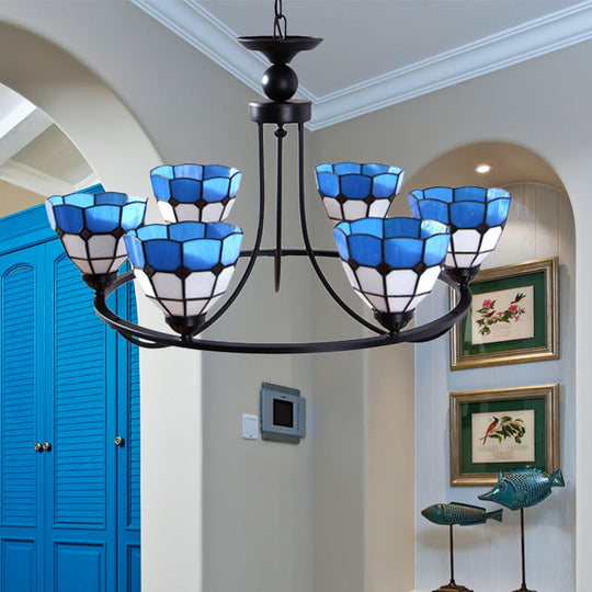 Tiffany Classic Chandelier: Metal Ring Suspension Light with Grid Bowl (6/8 Lights) in Blue and White