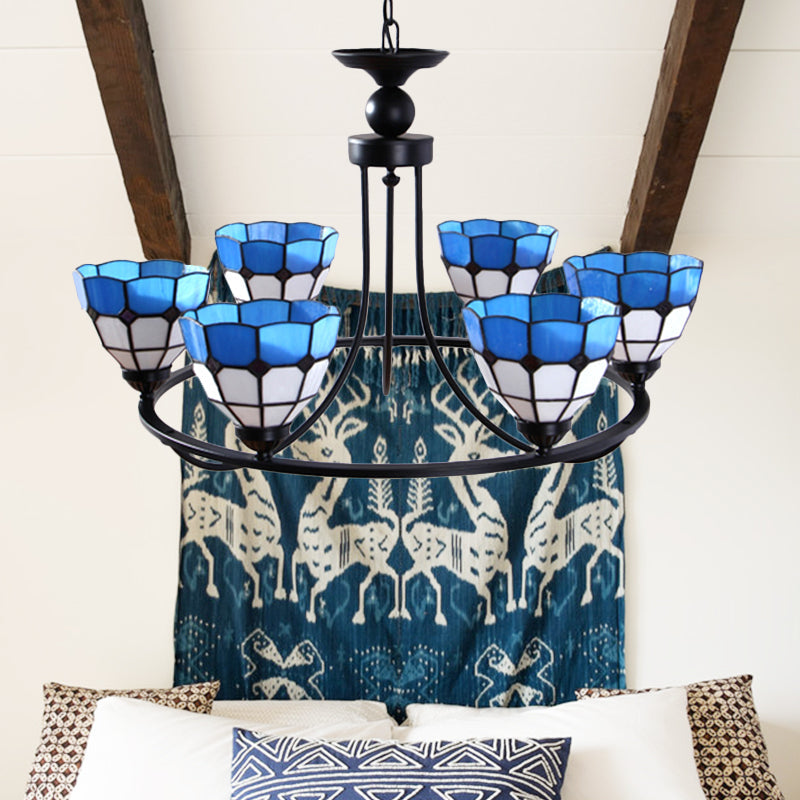 Tiffany Classic Chandelier: Metal Ring Suspension Light with Grid Bowl (6/8 Lights) in Blue and White