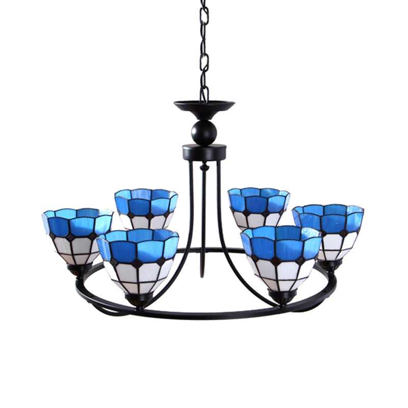 Tiffany Classic Chandelier: Metal Ring Suspension Light with Grid Bowl (6/8 Lights) in Blue and White