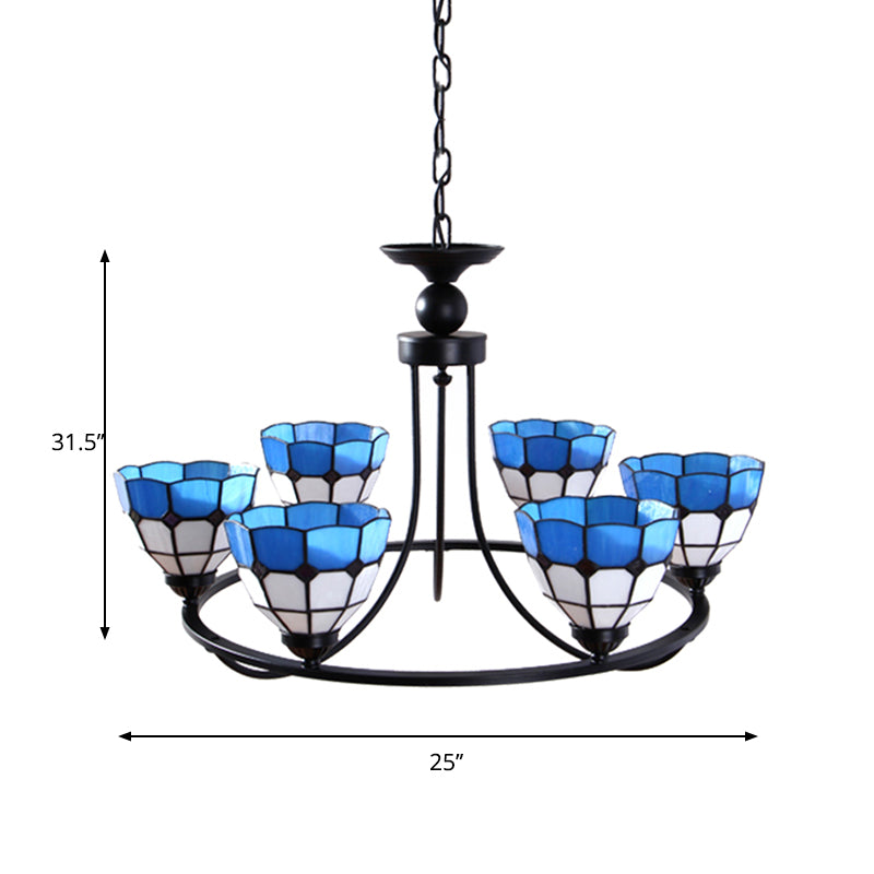 Tiffany Classic Chandelier: Metal Ring Suspension Light with Grid Bowl (6/8 Lights) in Blue and White