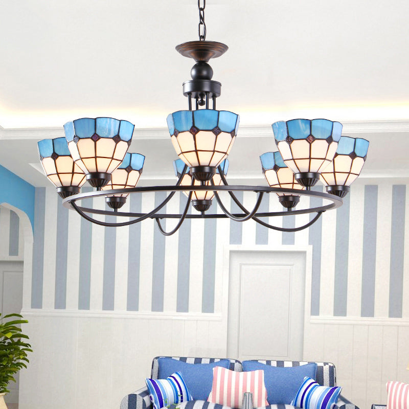 Tiffany Classic Chandelier: Metal Ring Suspension Light with Grid Bowl (6/8 Lights) in Blue and White