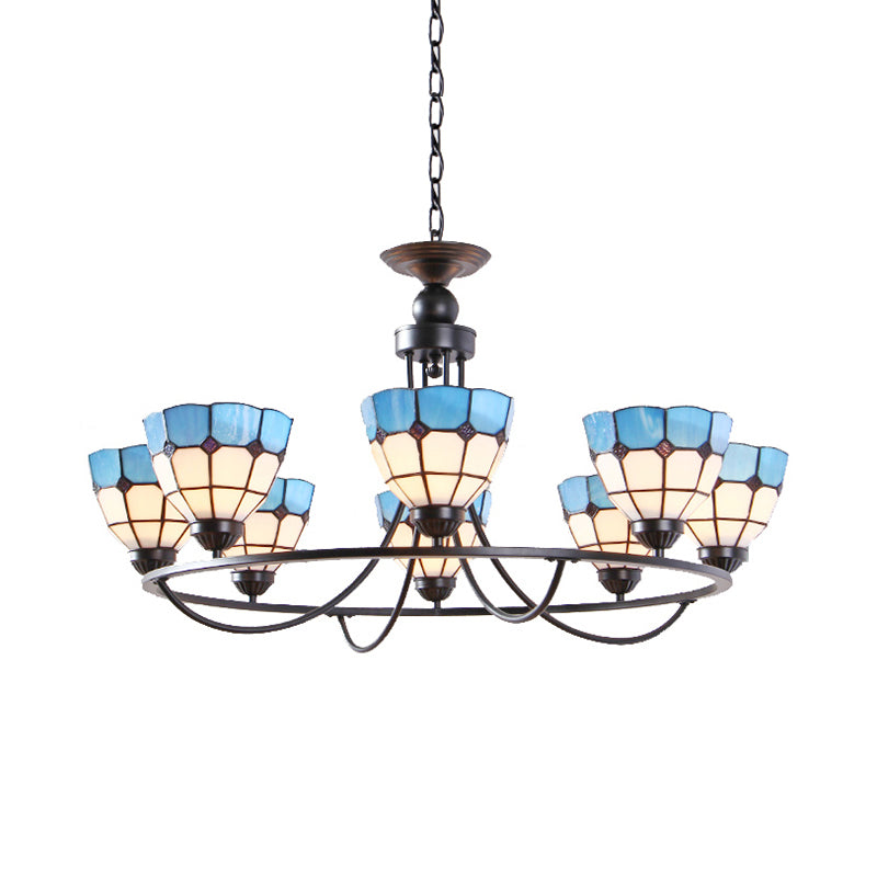 Tiffany Classic Chandelier: Metal Ring Suspension Light with Grid Bowl (6/8 Lights) in Blue and White