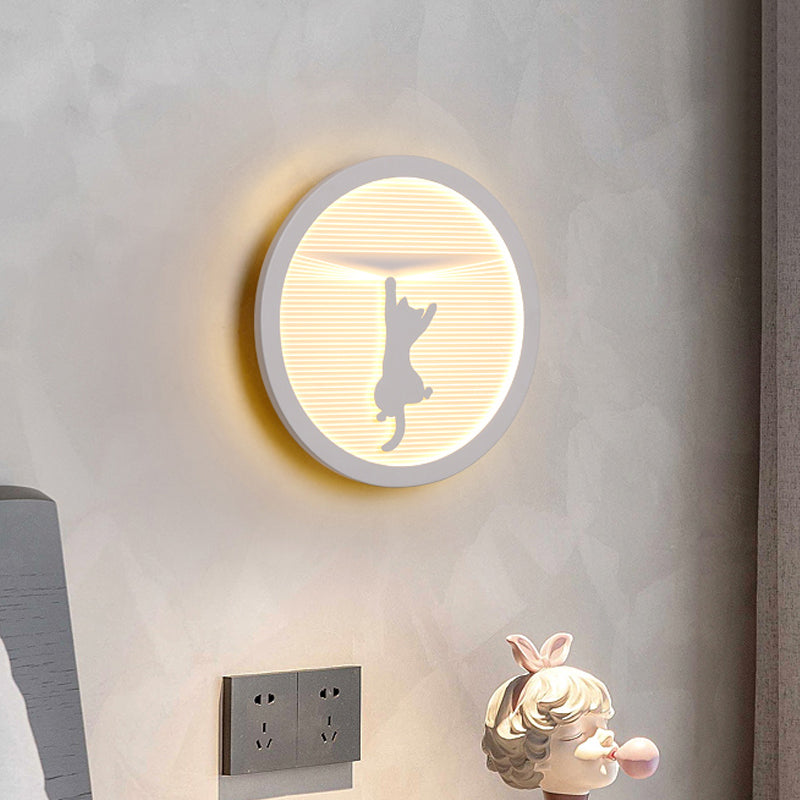 White Acrylic Led Cartoon Wall Sconce With Unique Circular Bedside Design / Cat